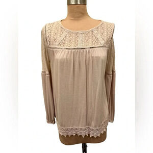 Knox Rose Light Pink Lace Fringe Long Sleeve Dressy Blouse Size XS